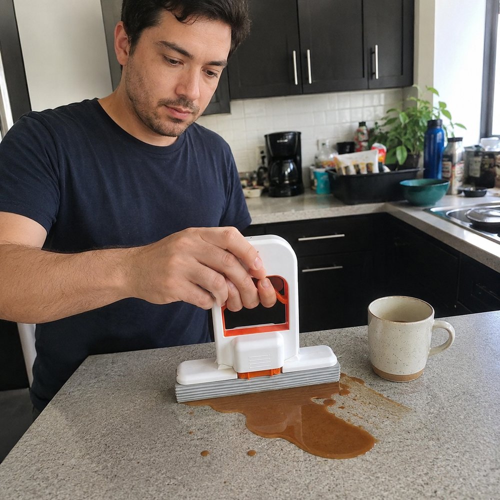 Customer wiping a spilled coffee off the kitchen counter with the QuickClean mini mop