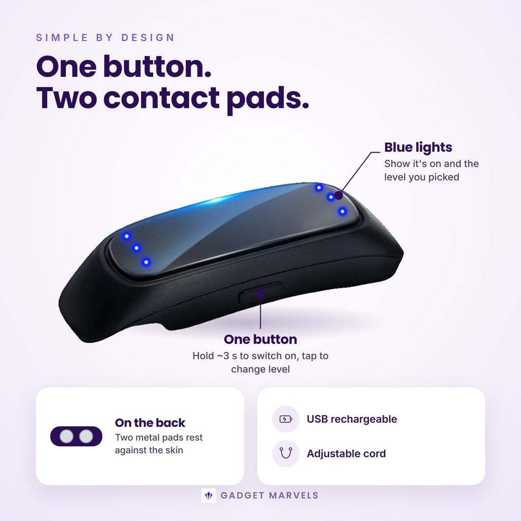 QuietPulse features: one button, blue level lights, two metal contact pads, USB rechargeable, adjustable cord