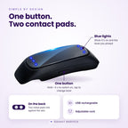 QuietPulse features: one button, blue level lights, two metal contact pads, USB rechargeable, adjustable cord