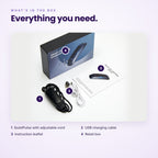 What's in the box: QuietPulse device with adjustable cord, USB charging cable, instruction leaflet and retail box