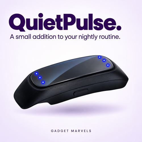 QuietPulse under-chin device with blue indicator lights. A small addition to your nightly routine.