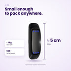QuietPulse size: approximately 5 cm long and about 14 g, USB rechargeable