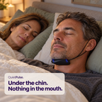 Man wearing QuietPulse underneath his chin with his partner beside him. Under the chin. Nothing in the mouth.