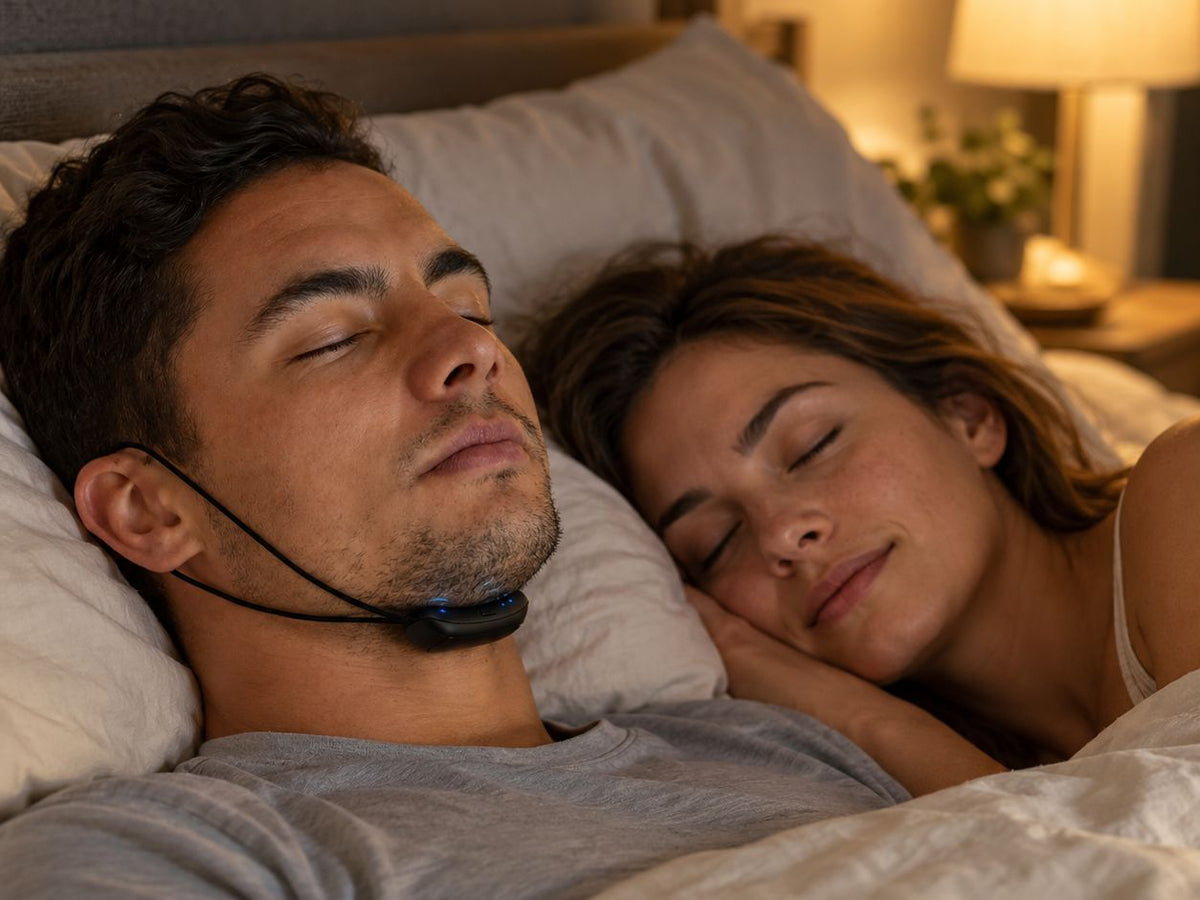 Man wearing the QuietPulse anti-snoring device under his chin while his partner sleeps beside him