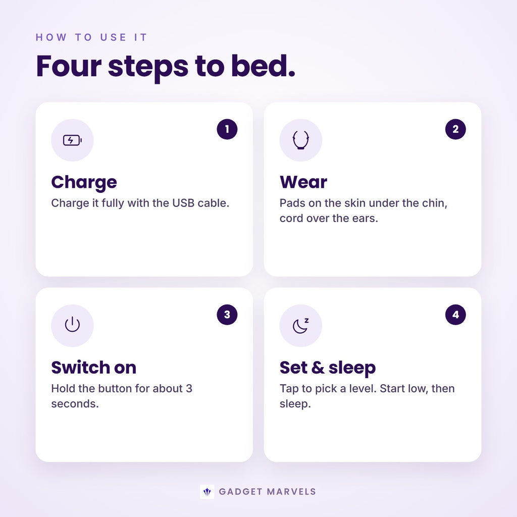 How to use the QuietPulse anti-snoring device in four steps: charge, wear, switch on, set the level and sleep
