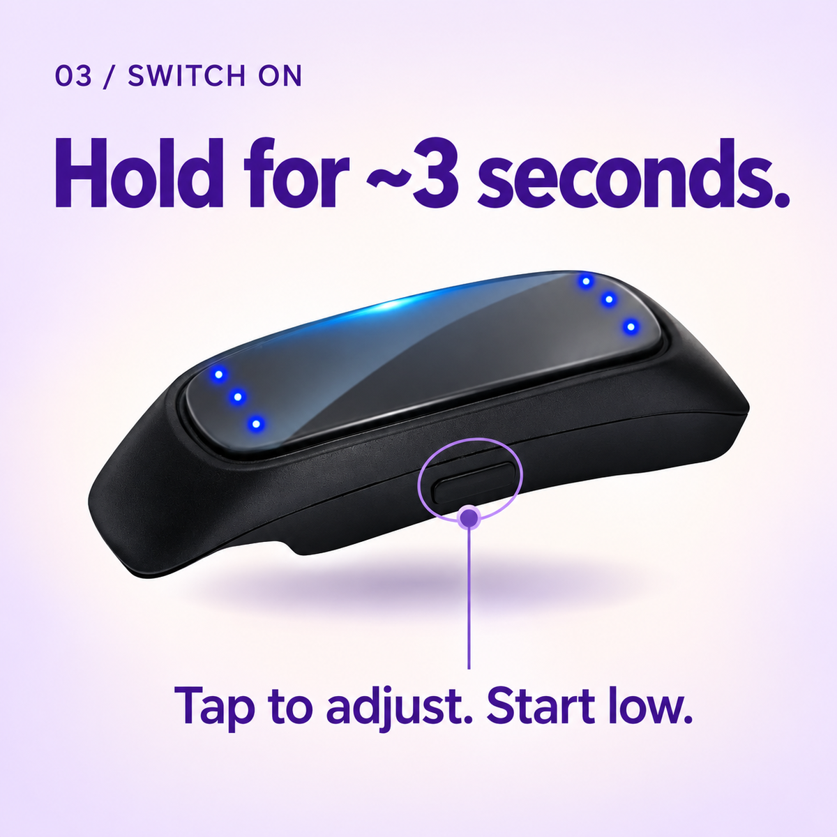 QuietPulse side button highlighted. Hold for approximately three seconds to switch on. Tap to adjust, starting low.